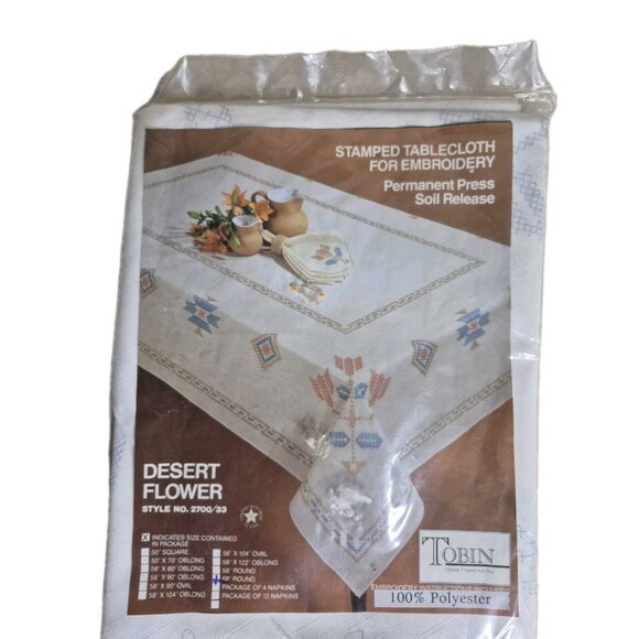 Vintage Tobin Embroidery Desert Flower Southwest Design 58x104 Tablecloth - Picture 4 of 8
